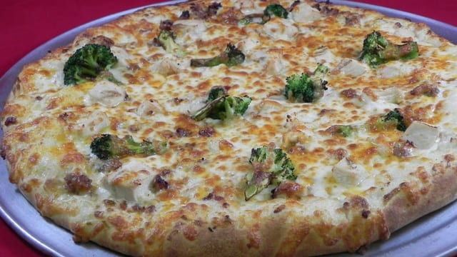 Broccoli Chicken Alfredo Pizza.